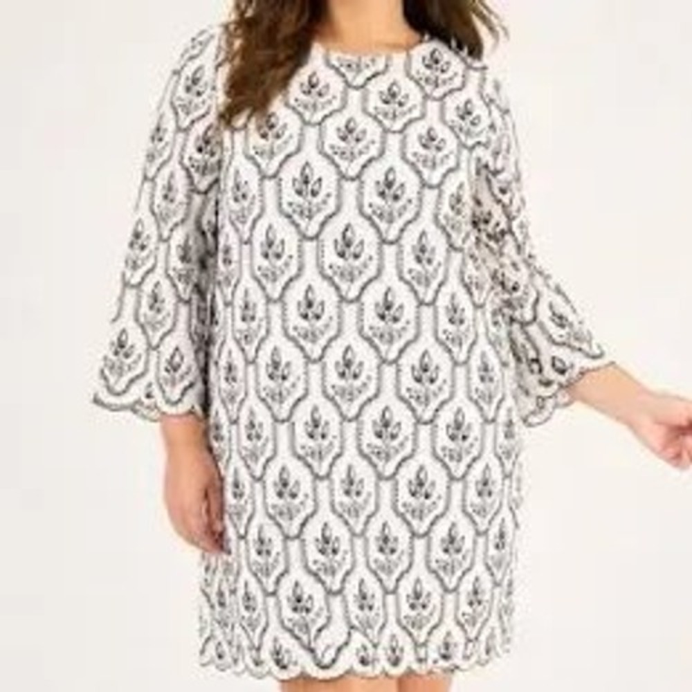 Preston & York Jeanne White Black Embroidered Bell Sleeve Scallop Dress 6 NWT